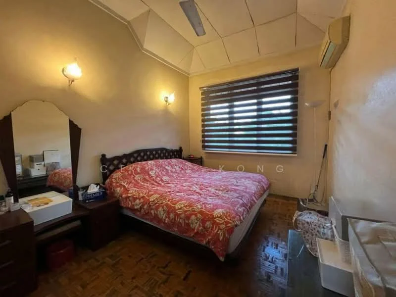 Bedroom features: king-size bed with floral bedding, wooden headboard, two bedside lamps, wooden dresser, full-length mirror, window with horizontal blinds, air conditioning unit, wooden parquet flooring, decorative wall sconces, light-colored painted walls, ceiling with sloped design; style: traditional.