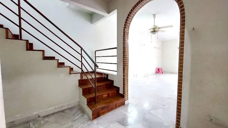Room features: staircase with wooden steps, metal railing, white painted walls, marble flooring, ceiling fan, arched doorway, natural light from windows, empty space, light-colored ceiling; style: modern.