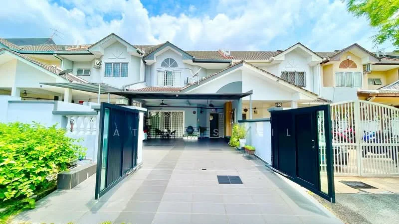 Exterior type: linked terrace house; features: white painted facade, double-volume main entrance, sliding glass door at entrance, covered car porch, manicured lawn, paved driveway, security gate, multiple air conditioning units visible, gated entry, surrounded by greenery; style: modern.