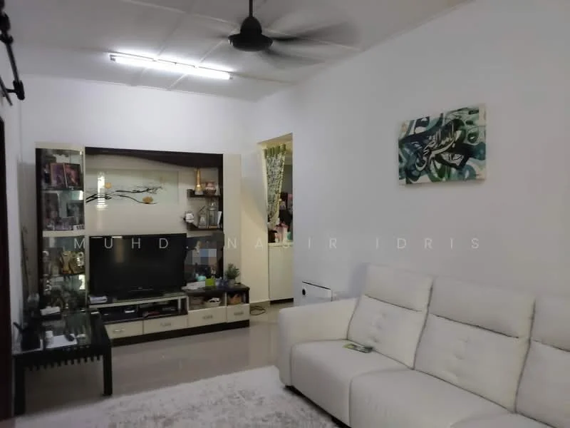 Living features: white leather sectional sofa, coffee table, wall-mounted TV, TV console with storage, framed artwork on wall, ceiling fan, cream painted walls, tile flooring, decorative shelving unit, green curtains, light from window, decorative items on shelves; style: modern.