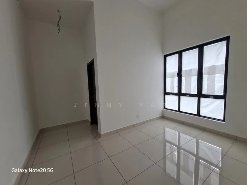 Room features: white painted walls, glossy ceramic tile flooring, large windows with black frames, natural light from windows, high ceiling, minimalist design, no visible furniture, neutral color palette; style: modern.