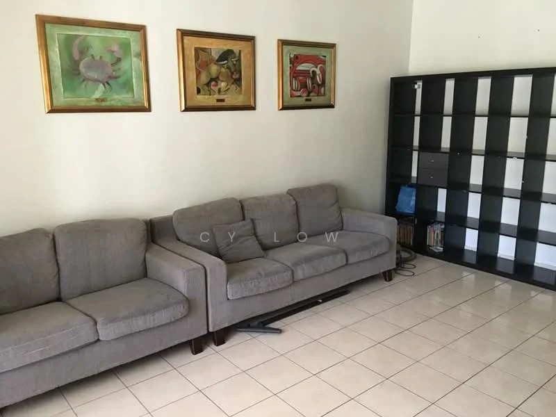 Living features: 3-seater fabric sofa in grey, 2-seater fabric sofa in grey, tile flooring, white painted walls, framed artwork on walls, black shelving unit, decorative items on shelves, natural light from windows; style: contemporary.