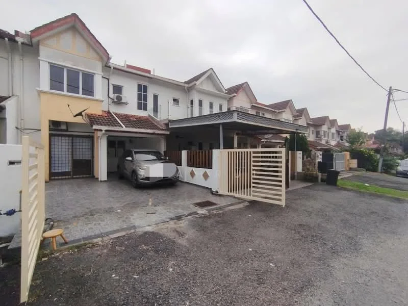 Exterior type: linked terrace house; features: two-storey building, paved driveway, car porch with roof, white painted facade, gated entrance, front garden area, surrounded by other residential houses, visible utility poles, asphalt road, grey stone pathway; style: modern.