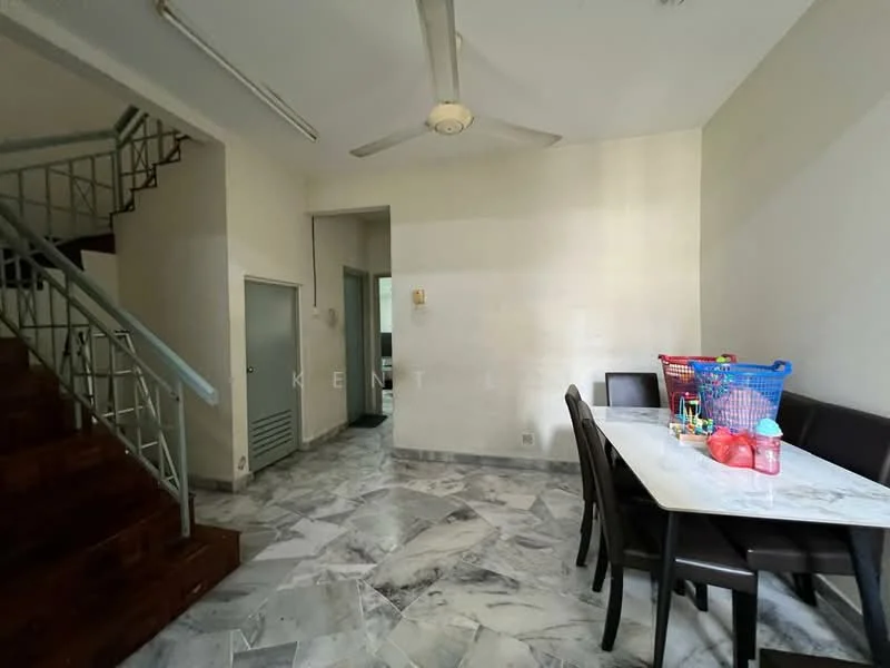 Dining features: marble flooring, white painted walls, 5-blade ceiling fan, dining table with 6 chairs, staircase leading to upper floor, decorative items on table, basket with toys, open layout. Room features: white painted walls, marble flooring, staircase leading to upper floor.