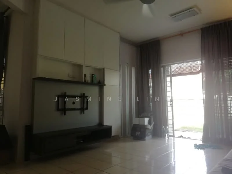 Living features: white painted walls, tile flooring, 5-blade ceiling fan, wall-mounted TV, built-in cabinetry, large sliding glass door, curtains, natural light from windows; style: modern; view: garden.