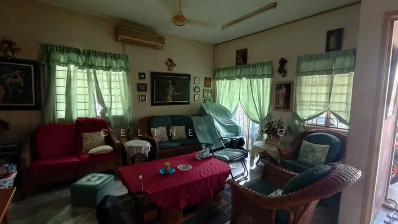 Living features: red fabric sofa, green upholstered armchair, wooden coffee table, marble flooring, ceiling fan, green sheer curtains, framed artwork on walls, decorative plants, wall-mounted artwork, wooden side table, table lamp, woven rattan chair; style: traditional.