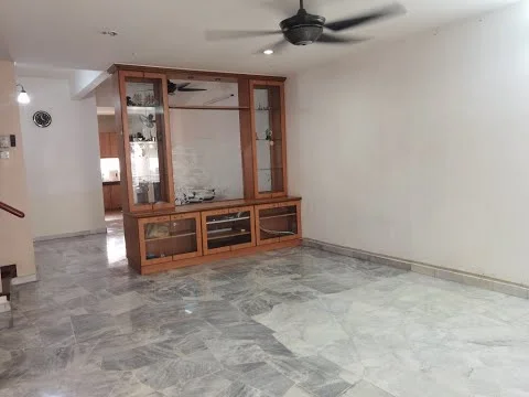 Living features: marble flooring, white painted walls, ceiling fan, built-in wooden cabinet with glass doors, recessed lighting, open layout to kitchen, large windows for natural light; style: modern.
