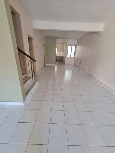 Room features: white painted walls, ceramic tile flooring, ceiling fan, staircase with wooden railing, large windows, open layout, neutral color scheme, natural light; style: modern.