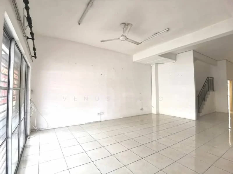 Room features: white painted walls, ceramic tile flooring, ceiling fan, large sliding glass door, open layout, staircase visible, natural light from windows, no visible furniture; style: minimalist.