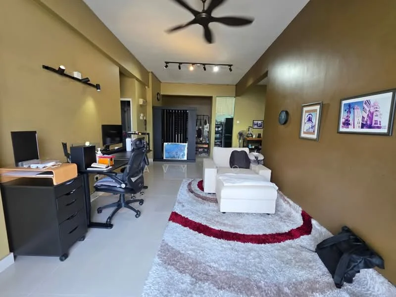 Living features: beige painted walls, grey area rug with red accents, white leather sofa, black office chair, wooden desk with drawer, black filing cabinet, ceiling fan, recessed lighting, wall-mounted artwork, sliding door, large window with blinds; style: modern.