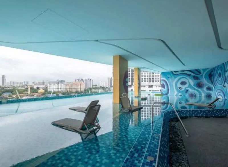Exterior type: swimming pool deck; features: infinity pool, poolside loungers, decorative mosaic tiles, water feature, city skyline view, blue painted walls with abstract pattern, overhang roof, glass railing; style: modern.