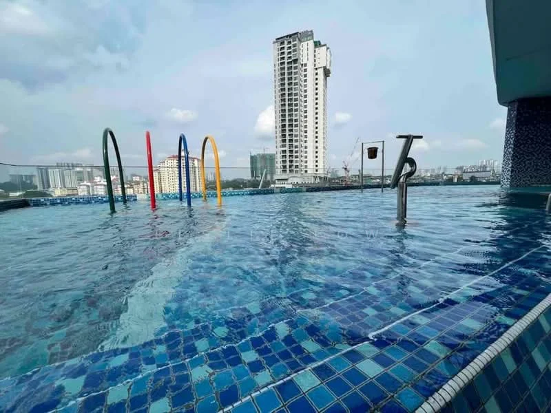 Exterior type: high-rise condominium; features: infinity pool, pool deck with loungers, colorful pool arches, blue mosaic tile flooring, surrounding city skyline, high-rise building in background; style: modern.