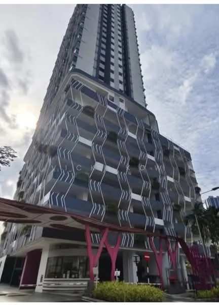 Exterior type: high-rise condominium; features: glass curtain wall, exposed concrete facade, projecting balconies, feature lighting at night, approximately 20-storey high-rise, manicured landscaping, covered parking, double-volume main lobby, porte cochère drop-off; style: modern.