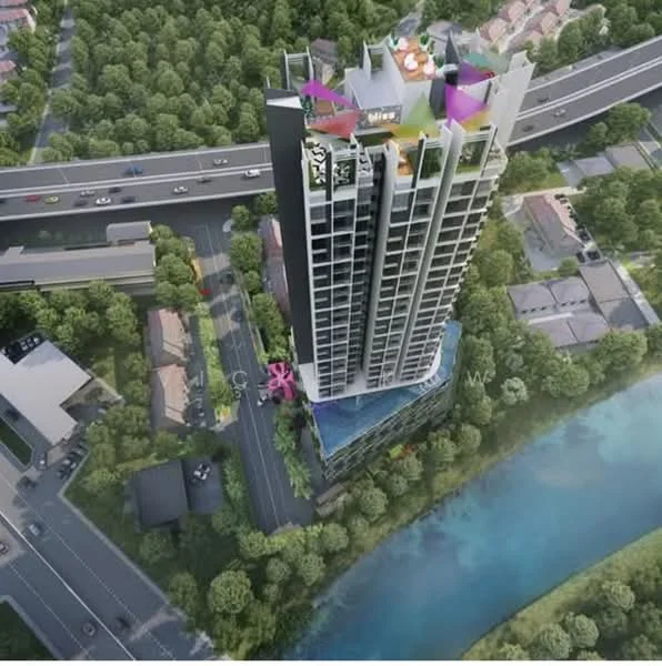 Exterior type: high-rise condominium; features: glass curtain wall, green landscaping, surrounded by mature trees, river view, rooftop amenities, balconies on upper floors, swimming pool on lower levels, adjacent to main road, multi-storey structure, modern architectural design; style: modern.
