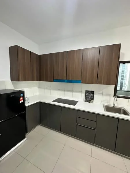 Kitchen features: dark wood cabinetry, grey lower cabinets, white tiled backsplash, black refrigerator, single-bowl stainless-steel sink, chrome pull-down faucet, countertop with integrated sink, window with city view, ceramic tile flooring, under-cabinet lighting; style: modern; view: city.