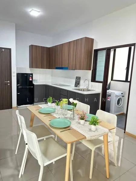 Kitchen features: brown wooden cabinetry, white tiled backsplash, black refrigerator, stainless-steel sink, chrome pull-down faucet, white countertop, built-in washing machine, window with natural light, grey ceramic tile flooring, dining table with wooden top, 4 white plastic dining chairs, decorative table setting with plates and flowers; style: modern.