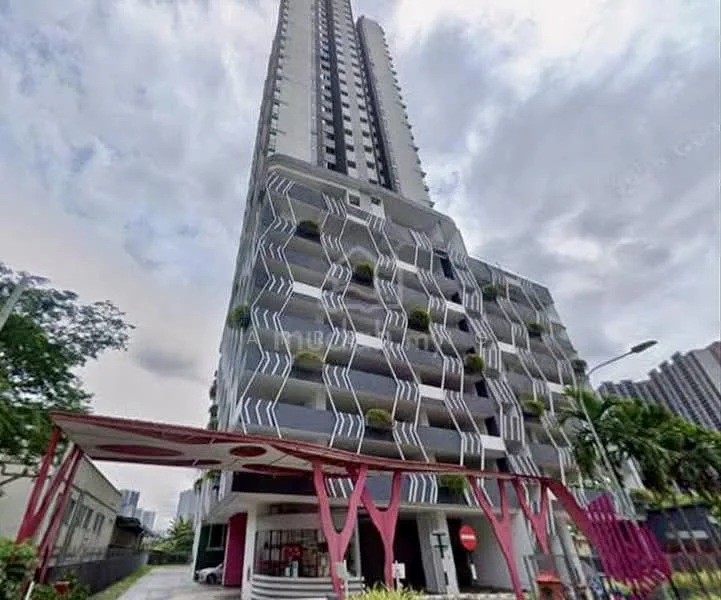 Exterior type: high-rise condominium; features: glass curtain wall, white painted facade, recessed balconies, vertical fins, feature lighting at night, approximately 20-storey high-rise, manicured landscaping, covered parking area, double-volume main lobby, porte cochère drop-off; style: modern.