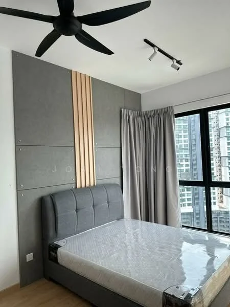 Bedroom features: queen-size bed, upholstered headboard, grey fabric bed frame, wood accent wall with vertical panels, floor-to-ceiling windows, sheer curtains, 5-blade ceiling fan, track lighting, laminate flooring; style: modern; view: city.