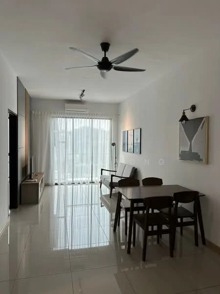Living features: 5-blade ceiling fan with light, floor-to-ceiling windows, white painted walls, glossy tile flooring, wooden dining table, 4 wooden dining chairs, sofa chair, TV console, wall-mounted TV, decorative wall art, sheer curtains; style: modern; view: city.