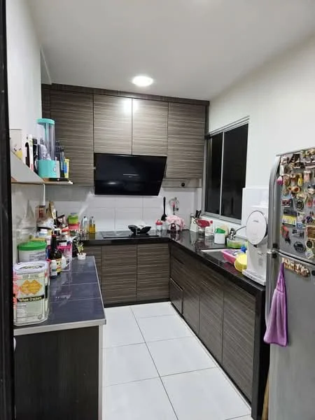 Kitchen features: dark wood cabinetry, black countertop, white tiled backsplash, stainless-steel fridge, built-in oven, induction cooktop, exhaust hood, single-bowl stainless-steel sink, chrome pull-down faucet, open shelving, various kitchen appliances, white ceramic tiles flooring, recessed ceiling lights, large window, magnetic knife strip; style: modern.