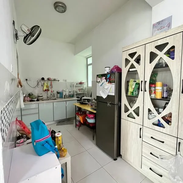 Kitchen features: white cabinetry with decorative cutouts, stainless-steel fridge, ceramic tile flooring, white walls, single-bowl stainless-steel sink, chrome pull-down faucet, countertop with grey and white pattern, open shelving, various kitchen appliances visible, window providing natural light, ceiling-mounted fan; style: modern.