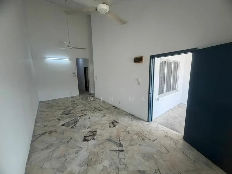 Room features: white painted walls, marble flooring, ceiling fan, doorway leading to another room, window with metal grille, light fixture on wall, high ceiling; style: minimalist.
