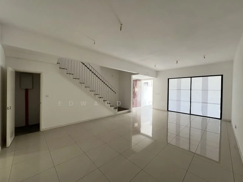 Room features: white painted walls, glossy ceramic tile flooring, staircase with white railing, large sliding glass door, recessed downlights, open layout, natural light from windows, no visible furniture; style: modern.