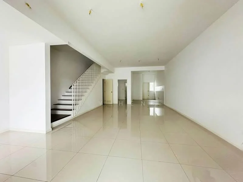 Room features: white painted walls, glossy ceramic tile flooring, staircase with white railing, recessed downlights, open layout, large windows for natural light, high ceiling, neutral color scheme; style: modern.