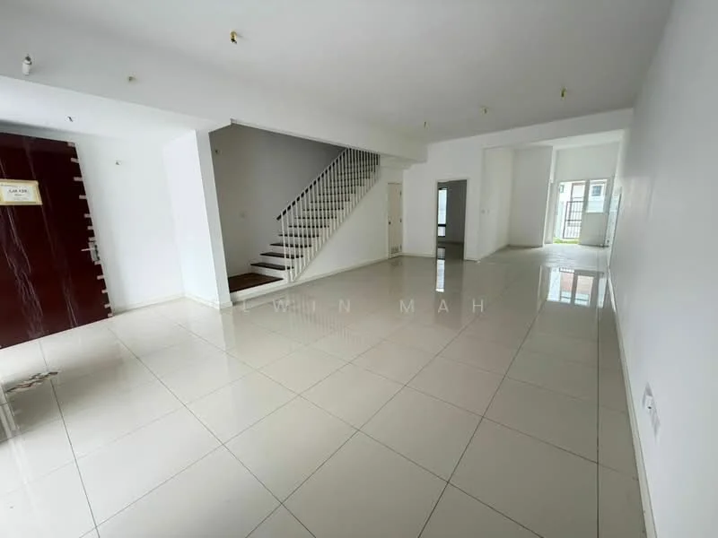Room features: white painted walls, glossy ceramic tile flooring, staircase with white railing, large windows allowing natural light, open layout, high ceiling, multiple ceiling lights, door leading to outdoor space; style: modern.