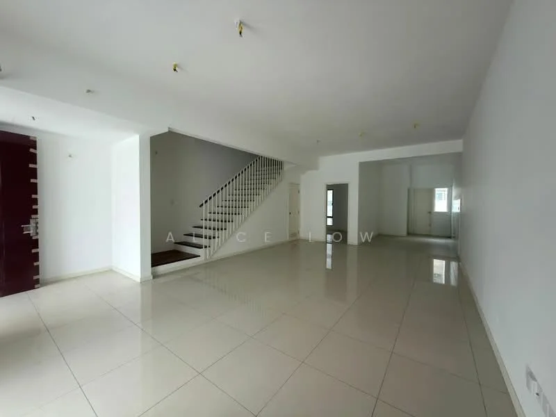 Room features: white painted walls, polished ceramic tile flooring, staircase with white railing, large windows, multiple ceiling lights, open layout, doorway leading to another room, doorway leading to staircase; style: modern.