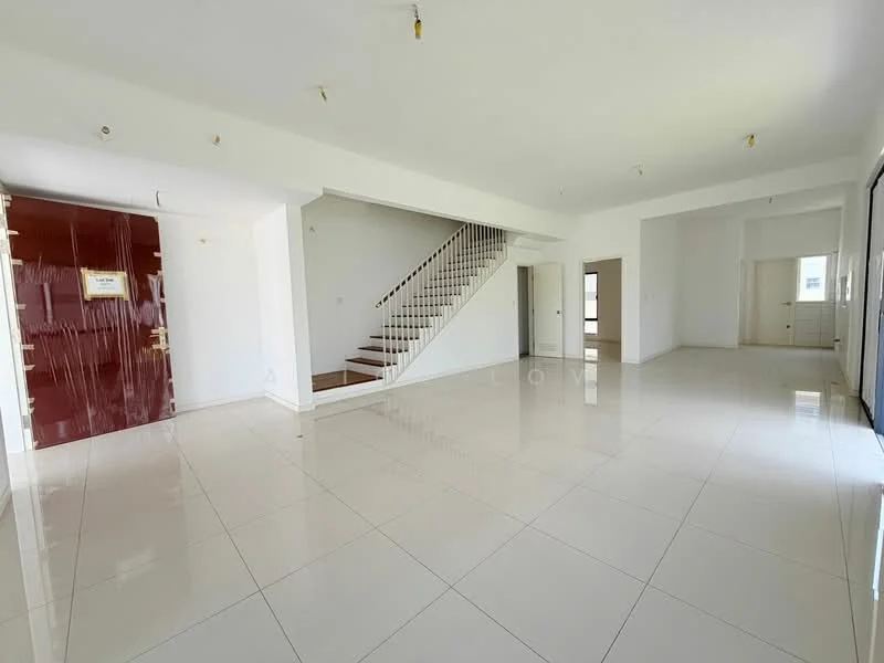 Room features: white painted walls, glossy white tile flooring, staircase with wooden steps, large windows allowing natural light, recessed downlights, open layout, high ceiling, doorway leading to another room; style: modern.