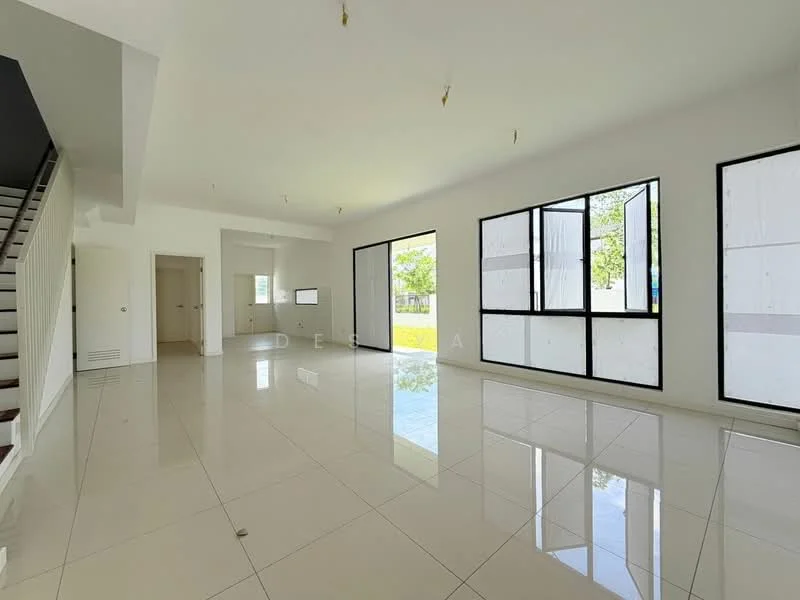 Living features: white painted walls, glossy ceramic tile flooring, floor-to-ceiling windows, sliding glass door, natural light from large windows, high ceiling, open layout, no visible furniture; style: modern; view: garden. Room features: white painted walls, glossy ceramic tile flooring, high ceiling, natural light from large windows.