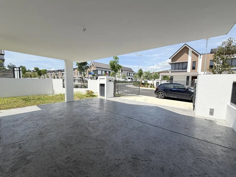 Exterior type: linked terrace house; features: concrete driveway, manicured lawn, surrounded by white walls, gated entry, car porch with awning, landscaped garden, modern facade, two-storey houses in background; style: modern.