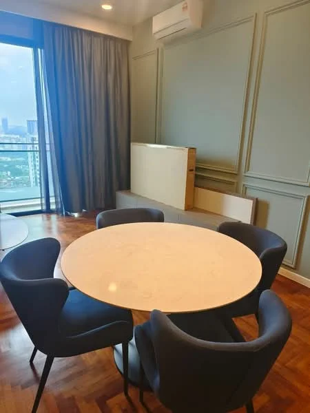 Dining features: round marble dining table, 4 upholstered dining chairs in navy blue, wooden flooring, floor-to-ceiling windows, curtains, wall-mounted split AC, decorative wall paneling in green, built-in seating area; style: modern; view: city.