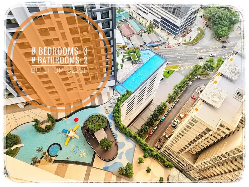 Floor plan: 3-bedroom 2-bathroom unit; features: built-up 825 sqft, open-plan layout, balcony off living room, utility room, central foyer, private terrace, shared amenities, landscaped garden, swimming pool, children's playground, jogging track.