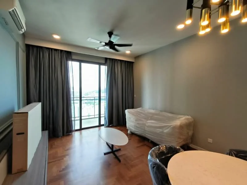 Living features: wooden flooring, grey painted walls, 5-blade ceiling fan with light, floor-to-ceiling windows, sliding glass door, curtains, sofa covered in plastic, coffee table, TV console, dining table, chandelier with multiple bulbs; style: modern; view: city.