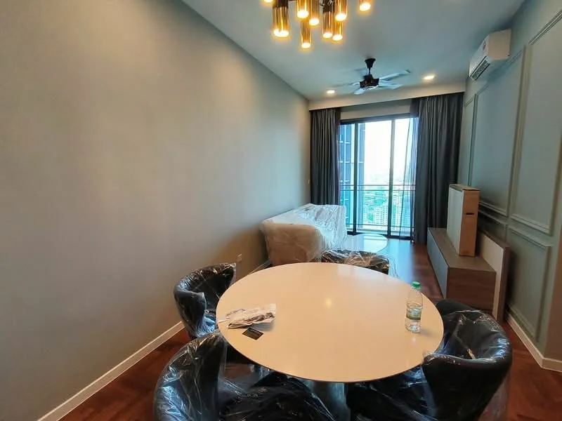 Living features: round dining table, 4 black plastic dining chairs, 3-seater sofa covered with plastic, TV console, floor-to-ceiling windows, curtains, ceiling fan, chandelier with multiple bulbs, wood flooring, light grey painted walls, air conditioning unit; style: modern; view: city.