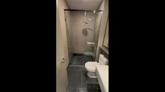 Bathroom features: walk-in shower with glass enclosure, rain shower head, handheld shower, single-sink vanity with white cabinet, chrome basin mixer, framed mirror, one-piece toilet, grey tile flooring, tile cladding to walls, built-in shelving, recessed downlights; style: modern.