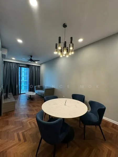 Living features: parquet wood flooring, grey painted walls, 5-blade ceiling fan, chandelier with multiple bulbs, floor-to-ceiling windows, curtains, sofa in light grey, round marble dining table, 4 upholstered dining chairs in navy blue, TV console, wall-mounted TV; style: modern; view: city.