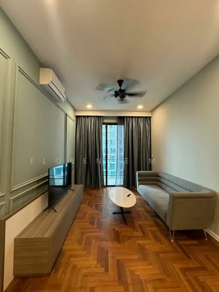 Living features: parquet wood flooring, light green painted walls, ceiling fan with light, wall-mounted TV, TV console in wood, sofa in grey fabric, coffee table in white, floor-to-ceiling windows with grey curtains; style: modern; view: city.