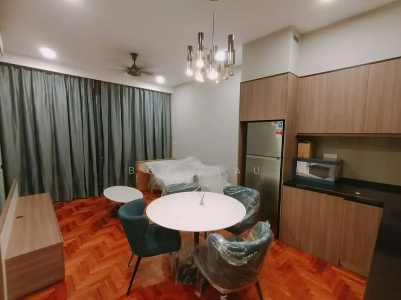 Dining features: round dining table, 4 upholstered dining chairs in blue, wooden sideboard, refrigerator, built-in microwave, black countertop, wood cabinetry, pendant light fixture, ceiling fan, curtains in grey, parquet wood flooring; style: modern.