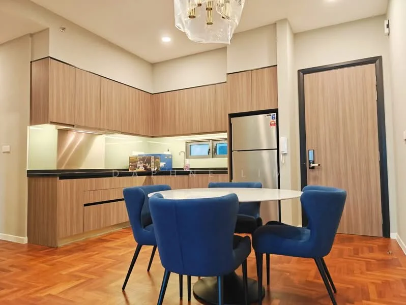 Kitchen features: wood cabinetry in light brown, black countertop, stainless-steel fridge, built-in oven, ceramic cooktop, under-cabinet lighting, single-bowl stainless-steel sink, chrome pull-down faucet; style: modern. Dining features: round dining table, upholstered blue dining chairs, wood flooring, chandelier light fixture, wall-mounted electrical outlet; style: modern.