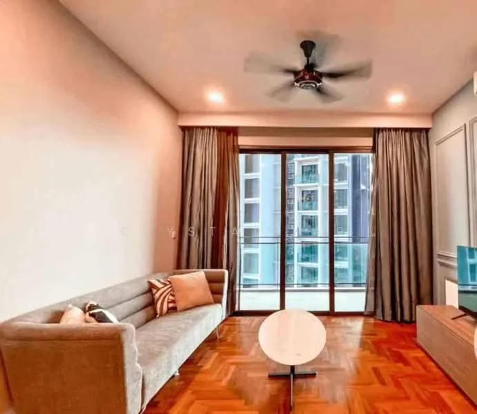 Living features: 3-seater fabric sofa in light grey, decorative throw pillows, round coffee table, wooden parquet flooring, floor-to-ceiling windows, sliding glass door, sheer curtains, 5-blade ceiling fan with light, wall-mounted TV, built-in cabinetry; style: modern; view: city.