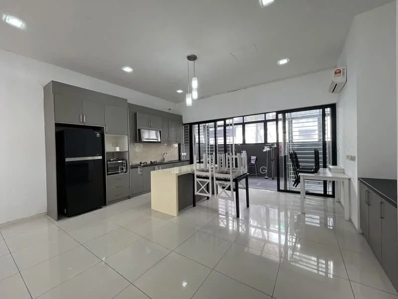 Kitchen features: grey cabinetry, white countertop, stainless-steel sink, chrome pull-down faucet, built-in oven, 4-burner gas hob, stainless-steel range hood, black refrigerator, ceramic tile flooring, recessed downlights, floor-to-ceiling windows, sliding glass door, dining table with white chairs, open layout; style: modern.