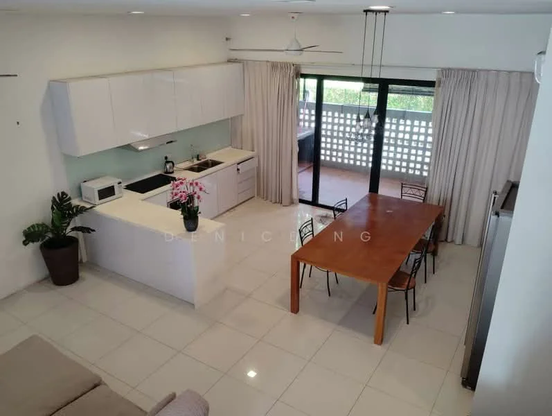 Kitchen features: white cabinetry, marble countertop, stainless-steel sink, chrome pull-down faucet, built-in microwave, freestanding range oven, refrigerator, pendant lighting, ceiling fan, tile flooring, window with sheer curtains, open layout to dining area; style: modern; view: garden. Dining features: wood dining table, 4 dining chairs, decorative plant in pot, tile flooring; style: modern; view: garden.