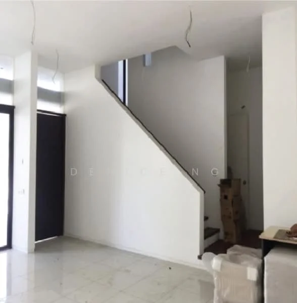 Room features: white painted walls, tile flooring, staircase with wooden steps, large windows, doorway leading outside, open space layout, ceiling with exposed wiring, corner with stacked boxes; style: modern.
