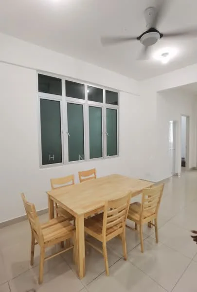 Dining features: wooden dining table, 4 wooden dining chairs, 5-blade ceiling fan, white painted walls, large windows with green glass, tile flooring, recessed ceiling lights; style: modern.
