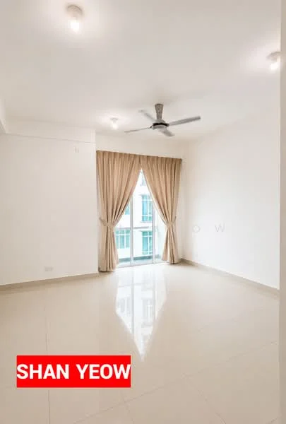 Room features: white painted walls, glossy tile flooring, ceiling fan, curtains, floor-to-ceiling windows, natural light, neutral color scheme, recessed lighting; style: modern; view: city.