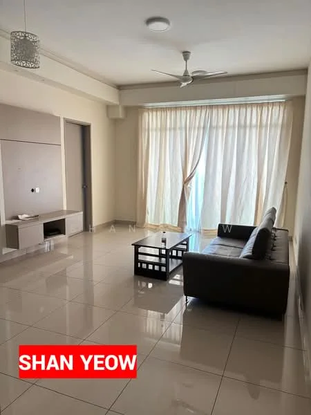 Living features: 3-seater leather sofa, coffee table, floor-to-ceiling windows, sheer curtains, wall-mounted TV console, ceramic tile flooring, ceiling fan, neutral painted walls, recessed downlights; style: modern.