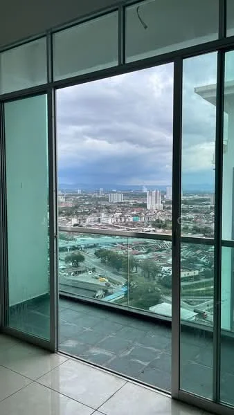 Room features: floor-to-ceiling windows, sliding glass door, grey tiled flooring, city view, balcony access; style: modern; view: city.